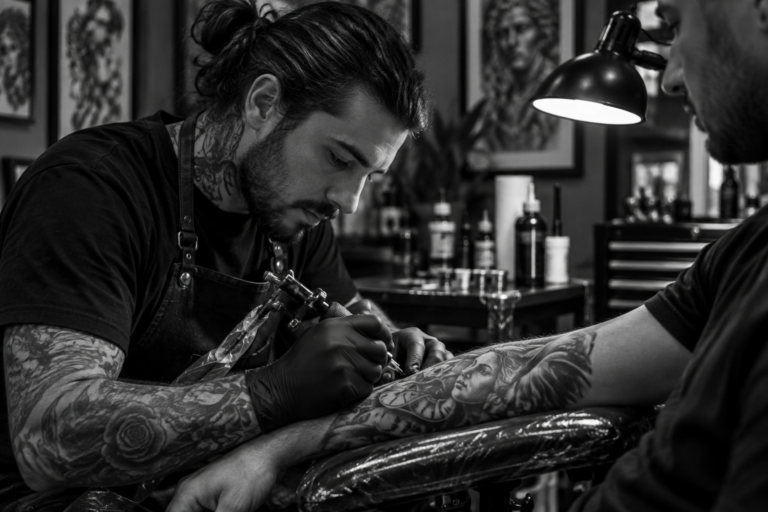 Bold blackwork butterfly tattoo on the arm in black and white