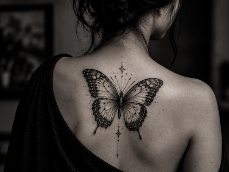 Black and white butterfly tattoo on the upper back in a cinematic editorial portrait