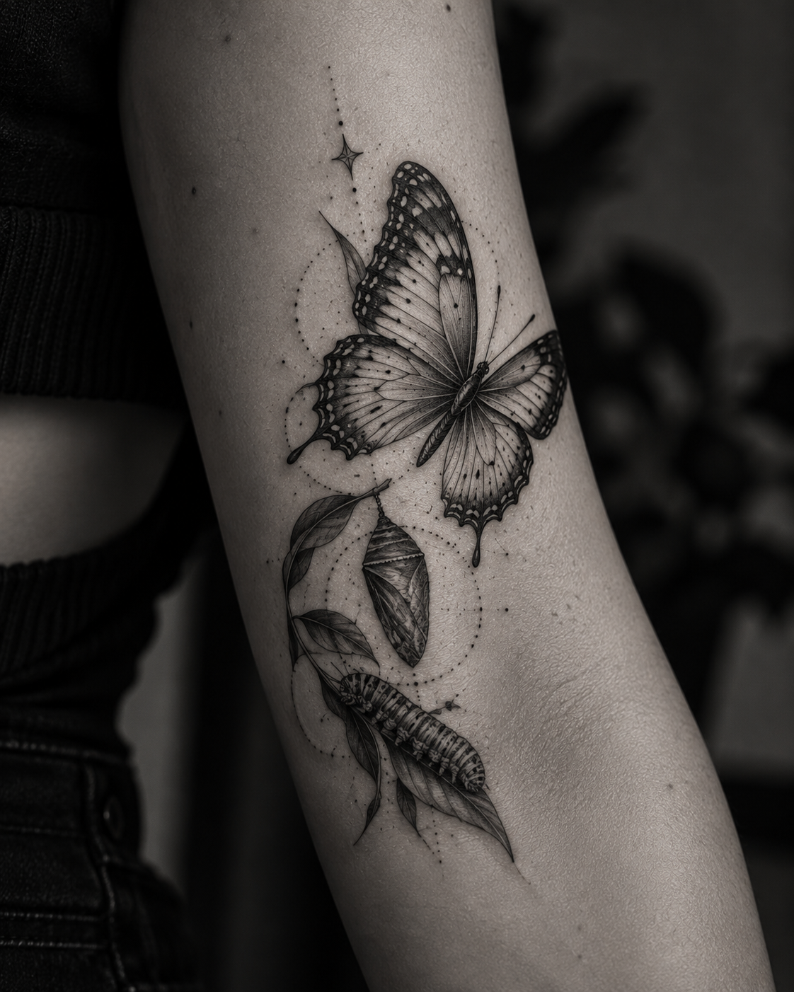 Black and white butterfly tattoo showing different styles and design choices