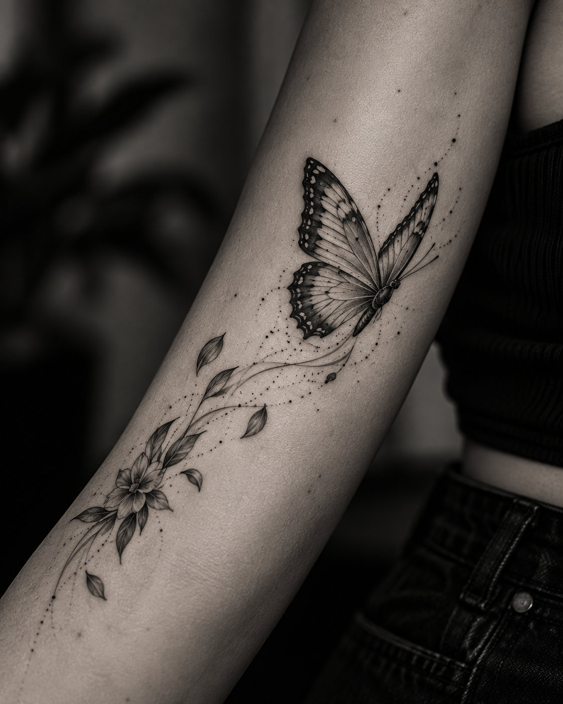 Black and white butterfly tattoo design illustrating color and symbolism through contrast