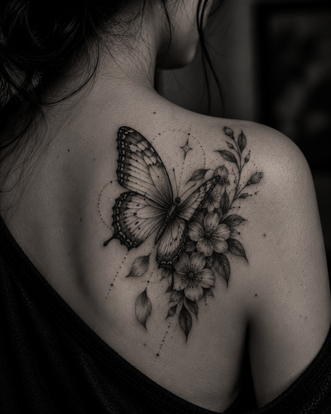 Black and white butterfly tattoo with floral elements for remembrance