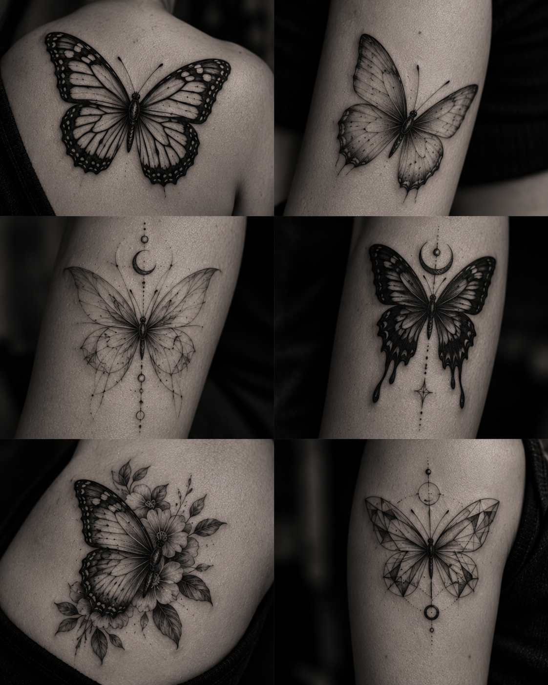 Black and white butterfly tattoo representing freedom and movement