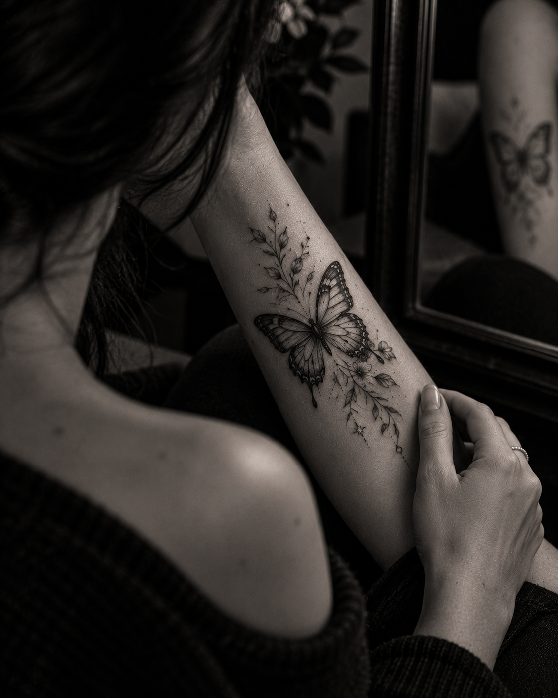 Black and white butterfly tattoo reflecting a personal and intimate meaning
