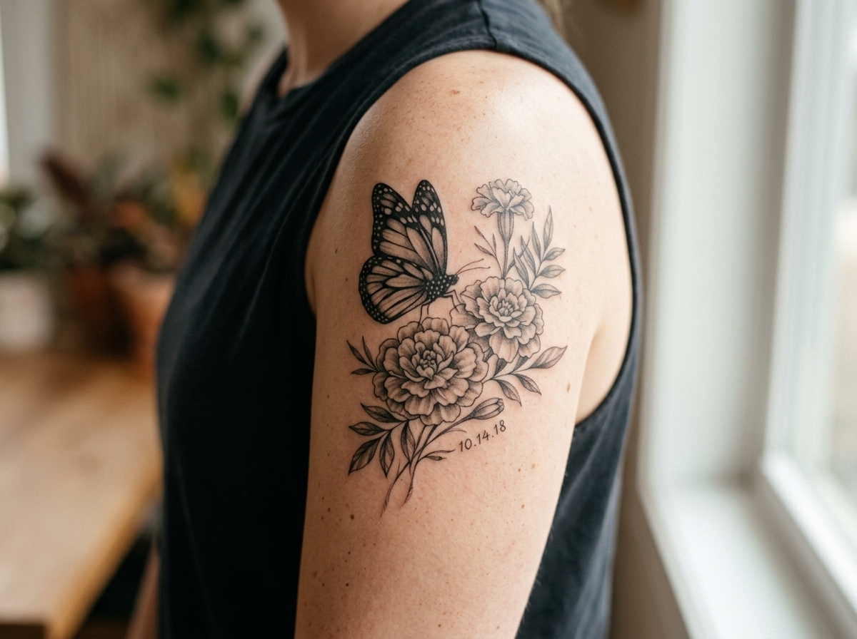 Memorial monarch butterfly tattoo with flowers and a small date