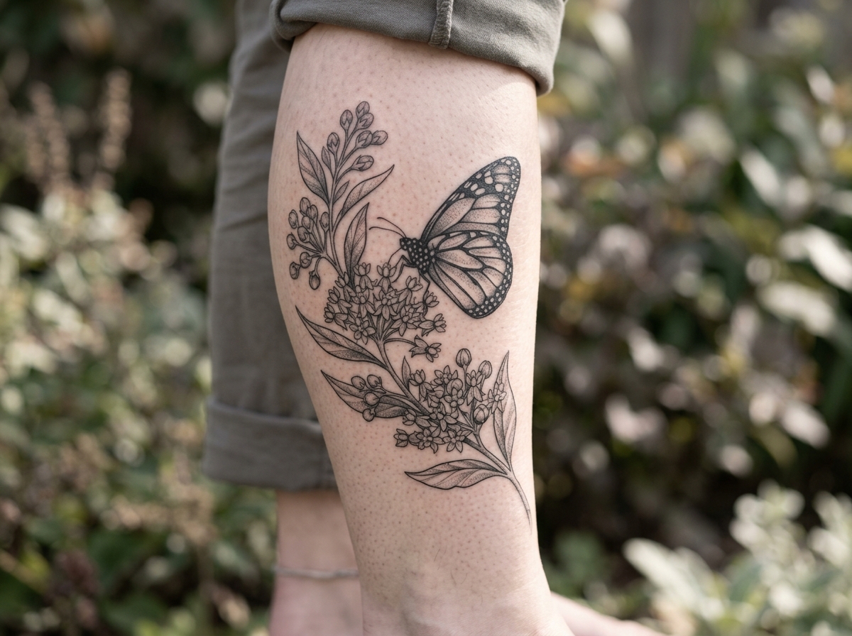 Monarch butterfly tattoo with milkweed and botanical linework on the calf