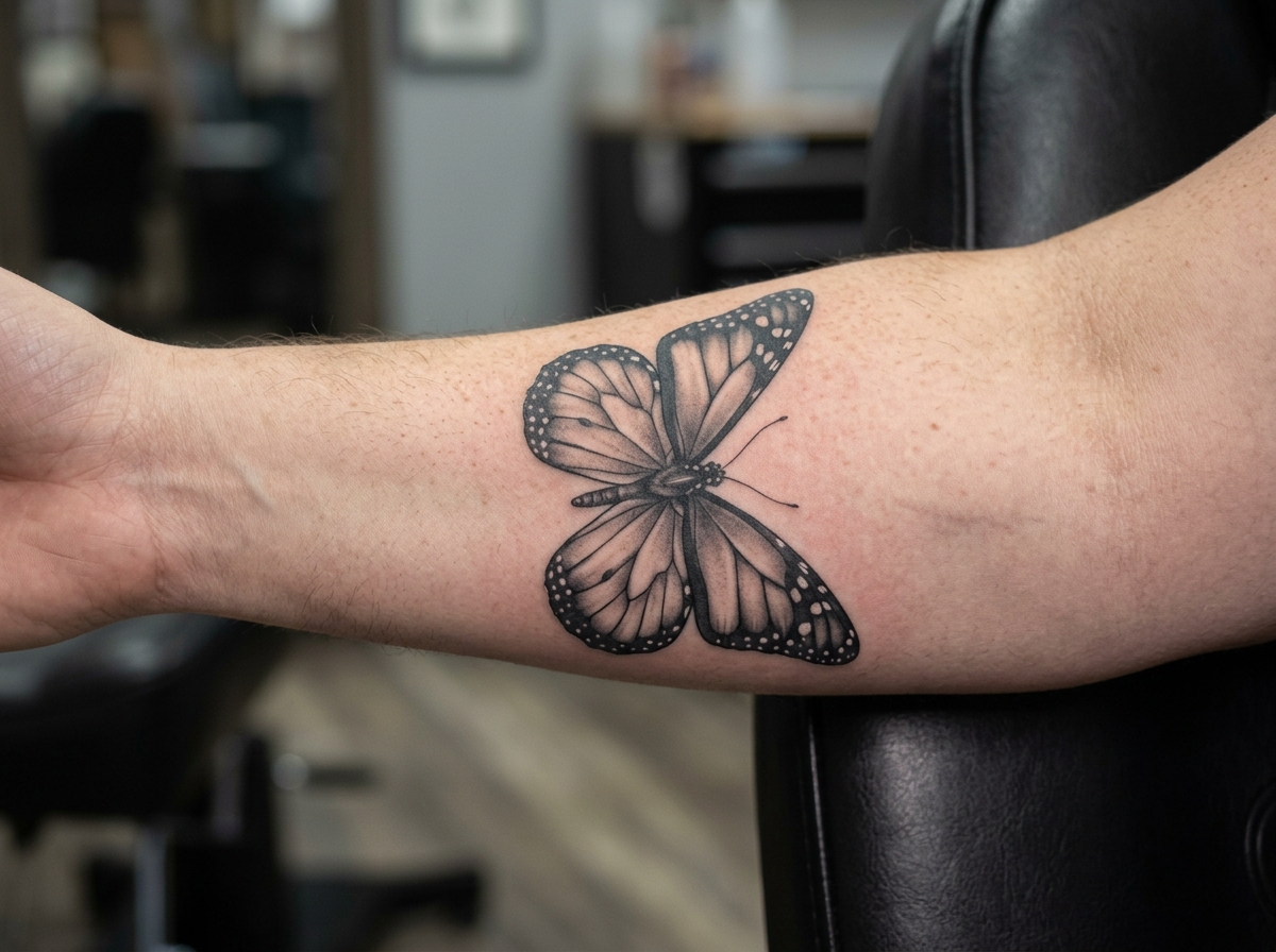 Realistic black and gray monarch butterfly tattoo on the forearm