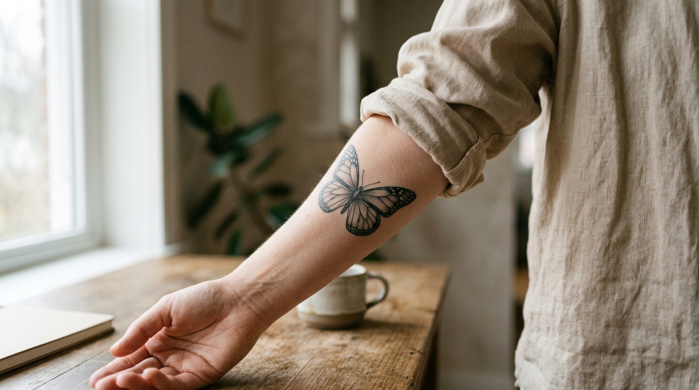 Monarch butterfly life cycle tattoo on the forearm
