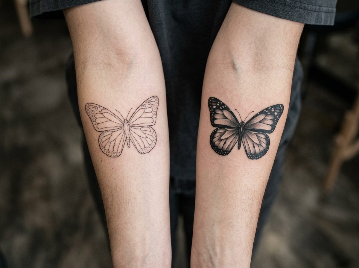 Fine-line and realistic monarch butterfly tattoos compared on the forearms