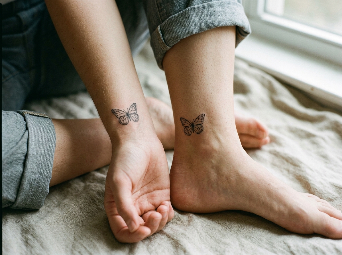 Small monarch butterfly tattoos on the wrist and ankle