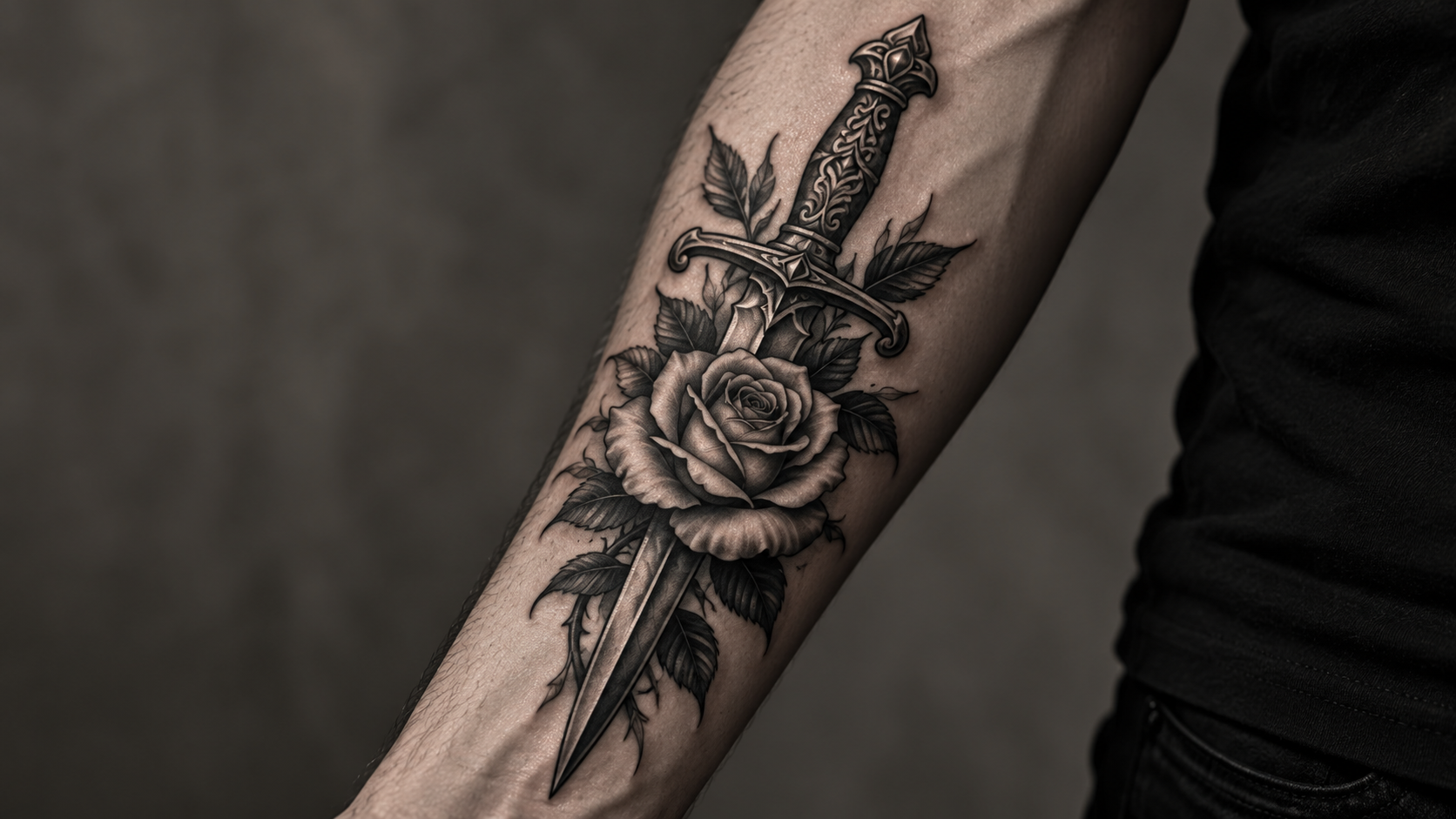 Black-and-grey knife-tattoos design featuring an ornate dagger and rose on the forearm