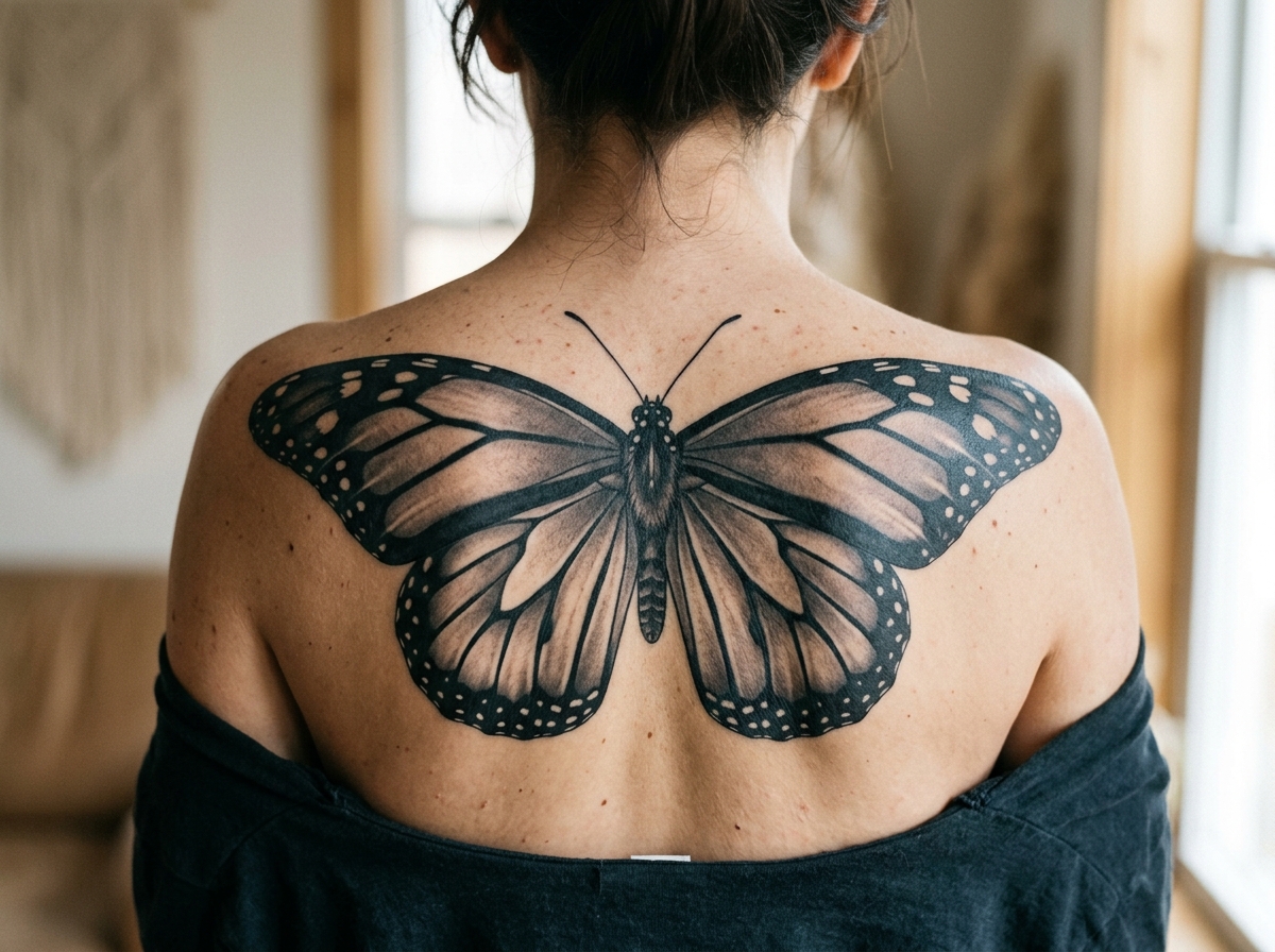 Large symmetrical monarch butterfly tattoo on the upper back