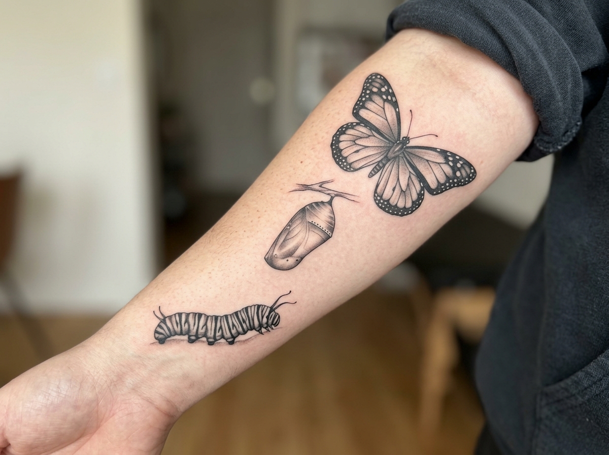 Realistic black and gray monarch butterfly tattoo design on the inner forearm