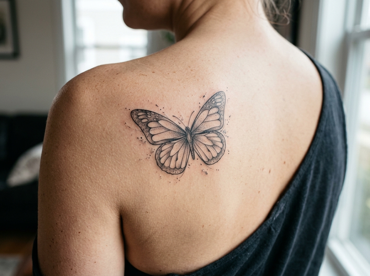 Black and gray monarch butterfly tattoo on the shoulder