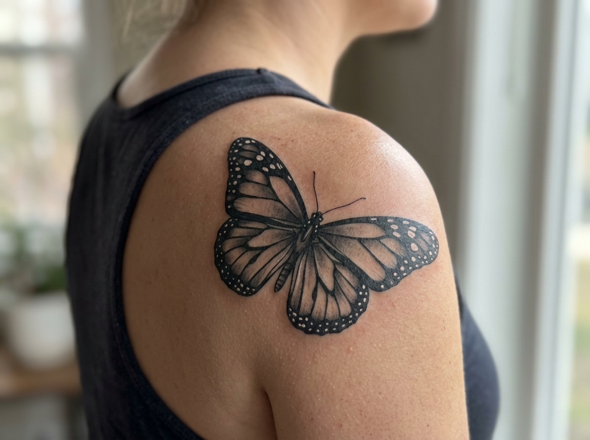 Fine-line monarch butterfly tattoo with soft shading on the shoulder blade