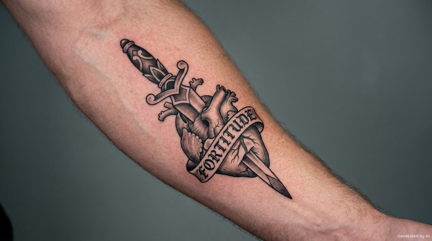 Black and grey dagger through a heart tattoo healed on a man forearm