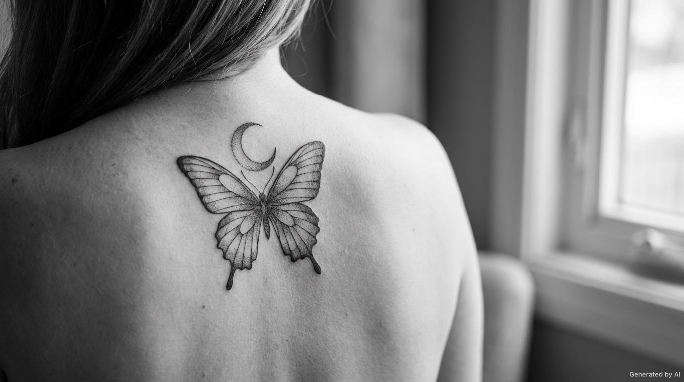 Black and grey butterfly and crescent moon tattoo between the shoulder blades