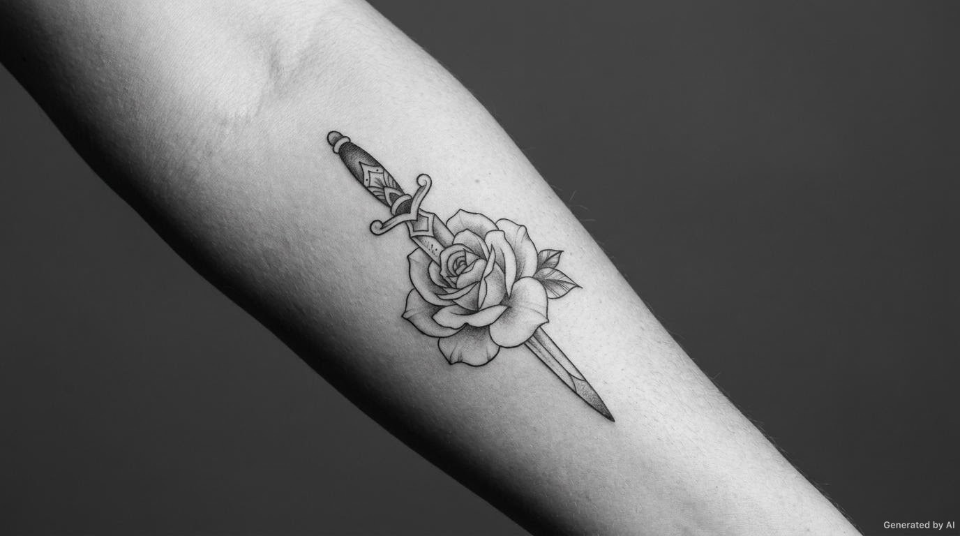 Black and grey dagger and rose tattoo healing on a womans forearm