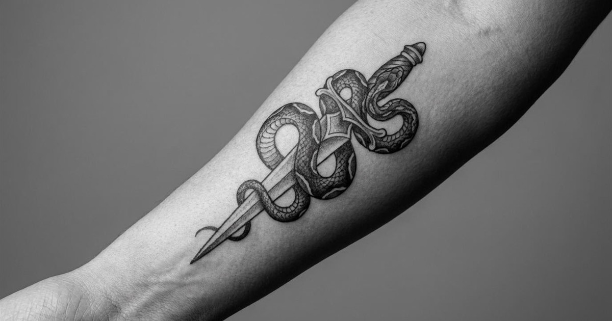 Snake and dagger tattoo on the forearm, a serpent coiled around a downward-pointing blade