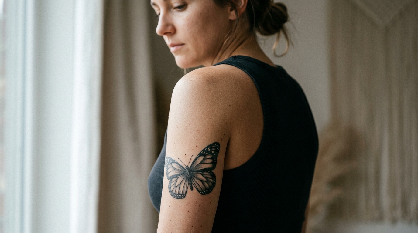 Black and gray monarch butterfly tattoo representing transformation and remembrance