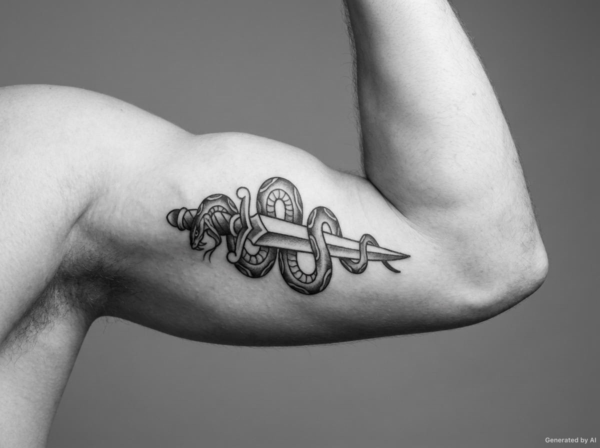 Healed snake and dagger tattoo on the outer upper arm in black and grey