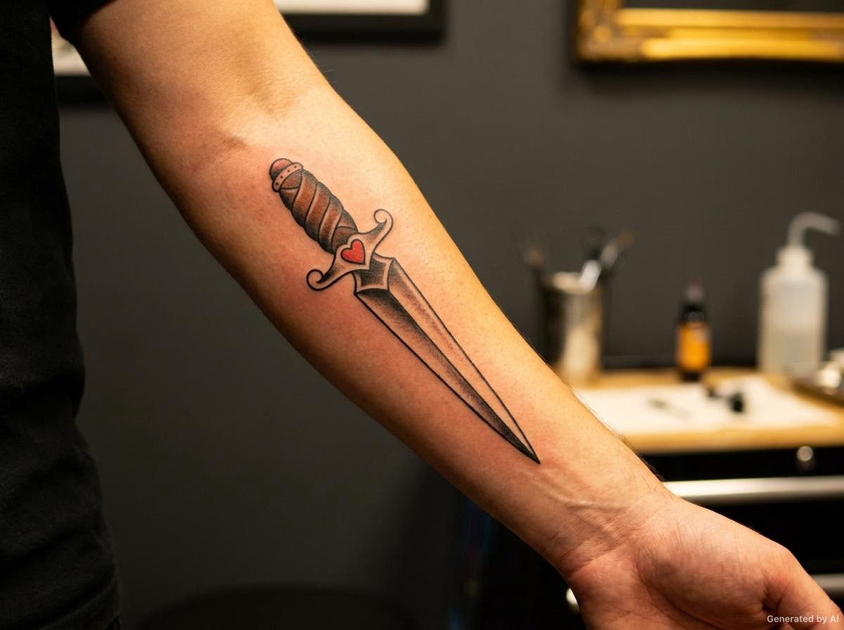 Traditional dagger tattoo on a forearm with a wrapped handle and a red accent