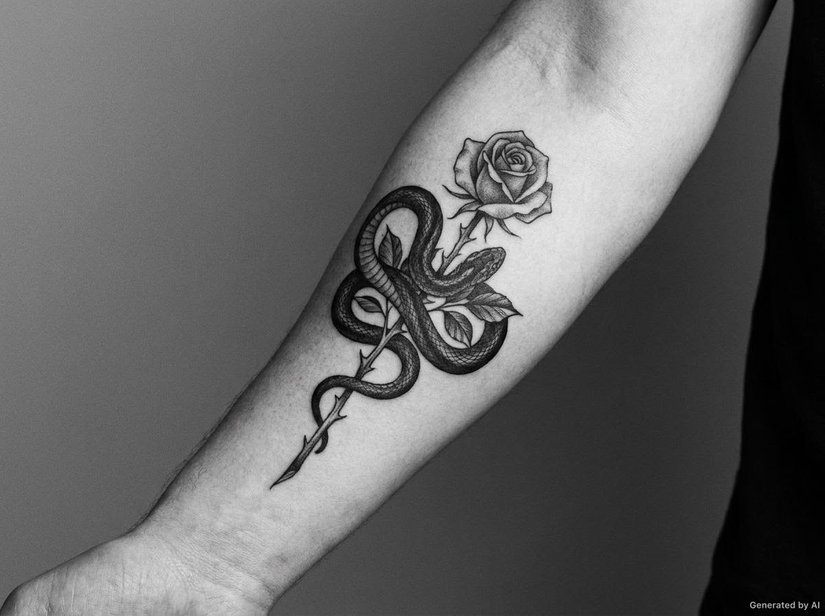 Black and grey snake and rose tattoo coiled around a thorned stem on the forearm