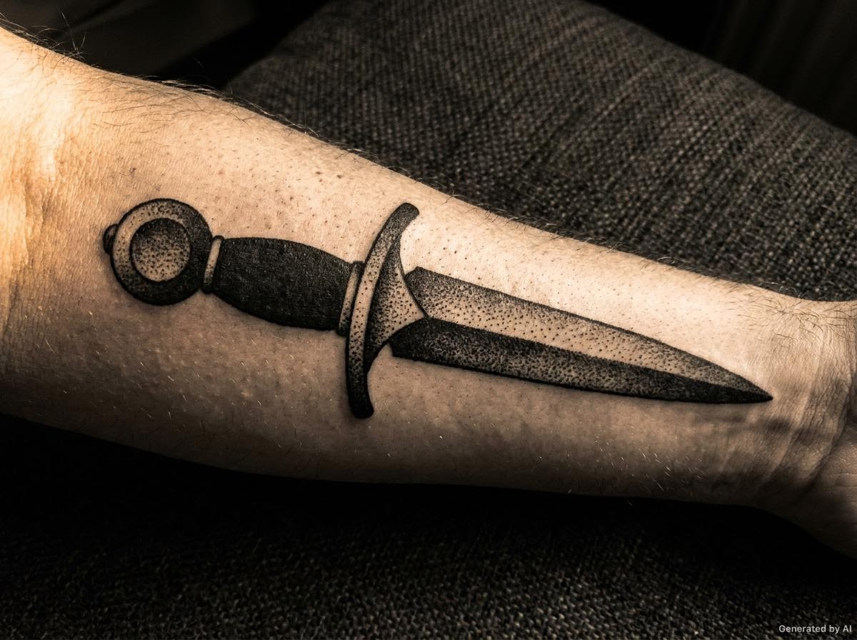 Heavy blackwork rondel-style dagger tattoo on an inner forearm