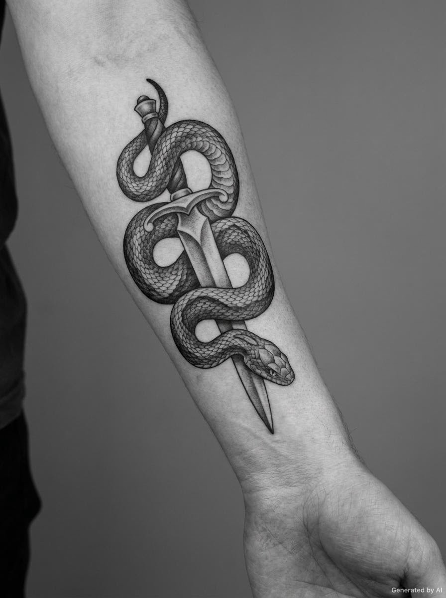 Large snake and dagger tattoo running vertically down the inner forearm