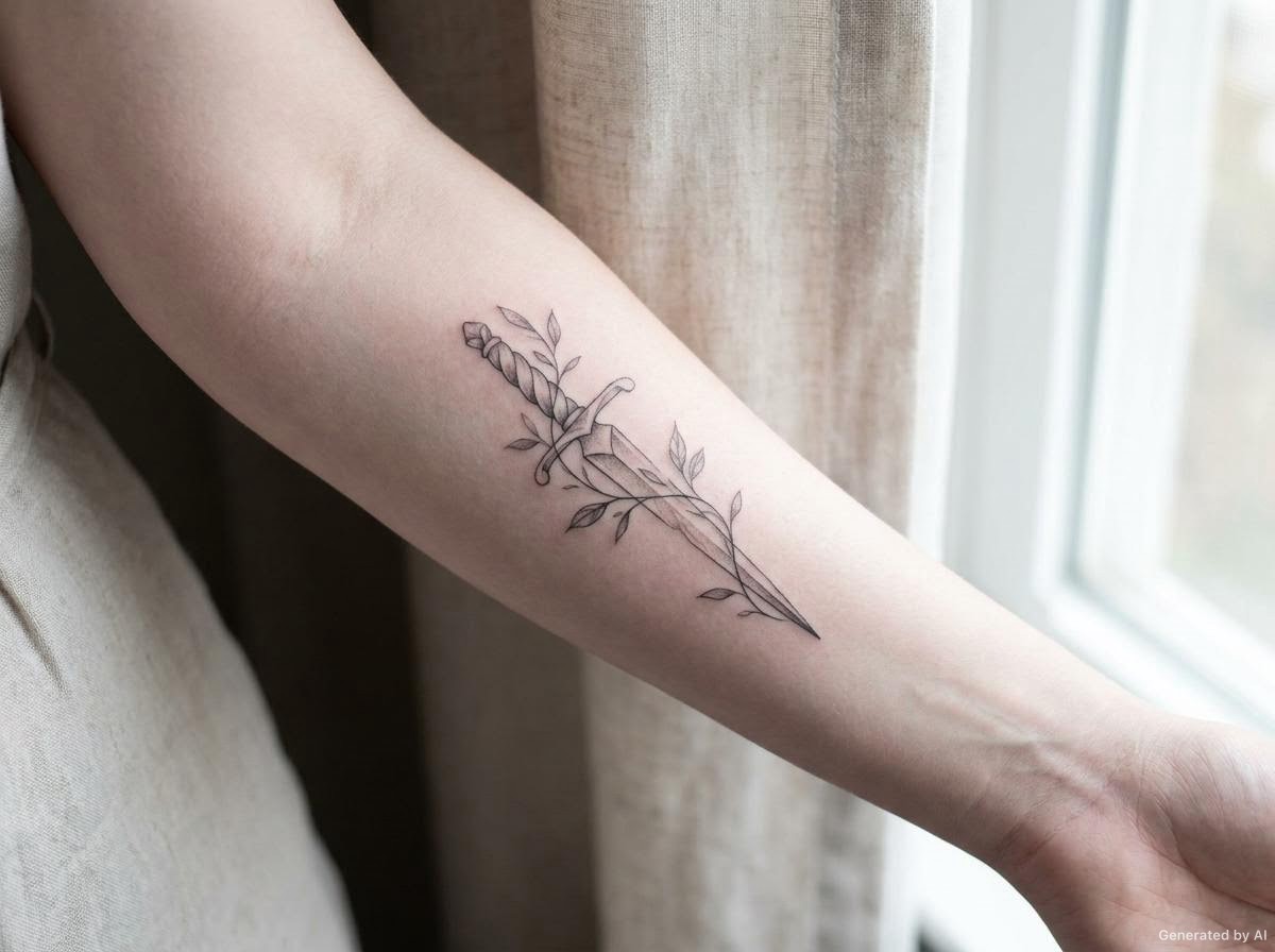 Fine-line dagger tattoo intertwined with a botanical vine on a woman forearm