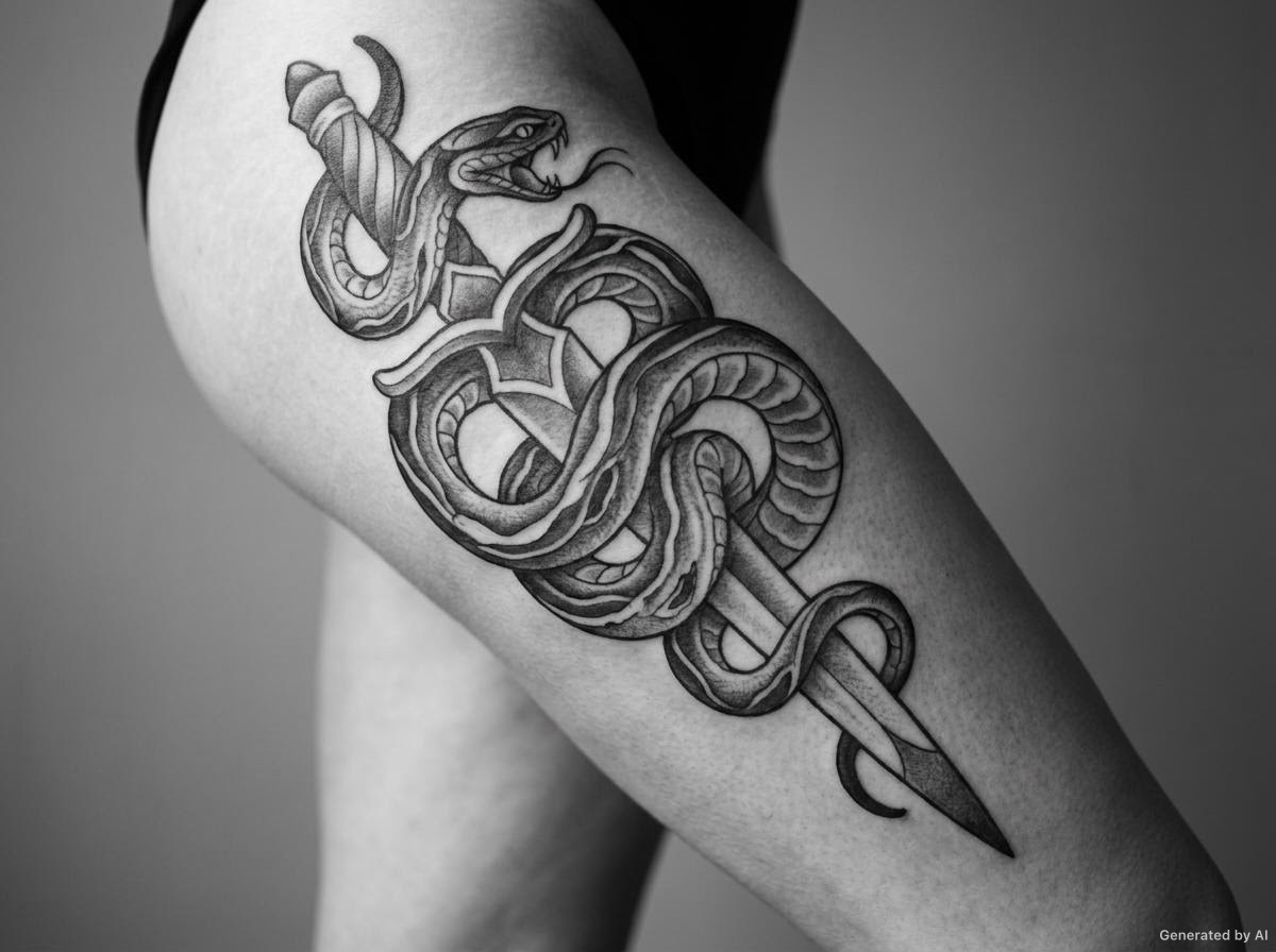 Snake and dagger tattoo composition across the upper thigh with soft shading