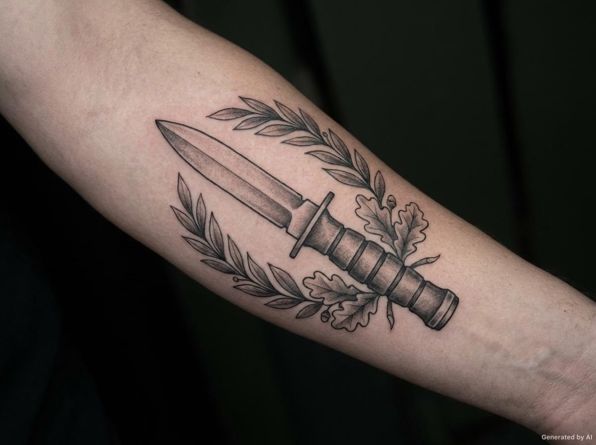 Black and grey military commando fighting knife tattoo on a forearm