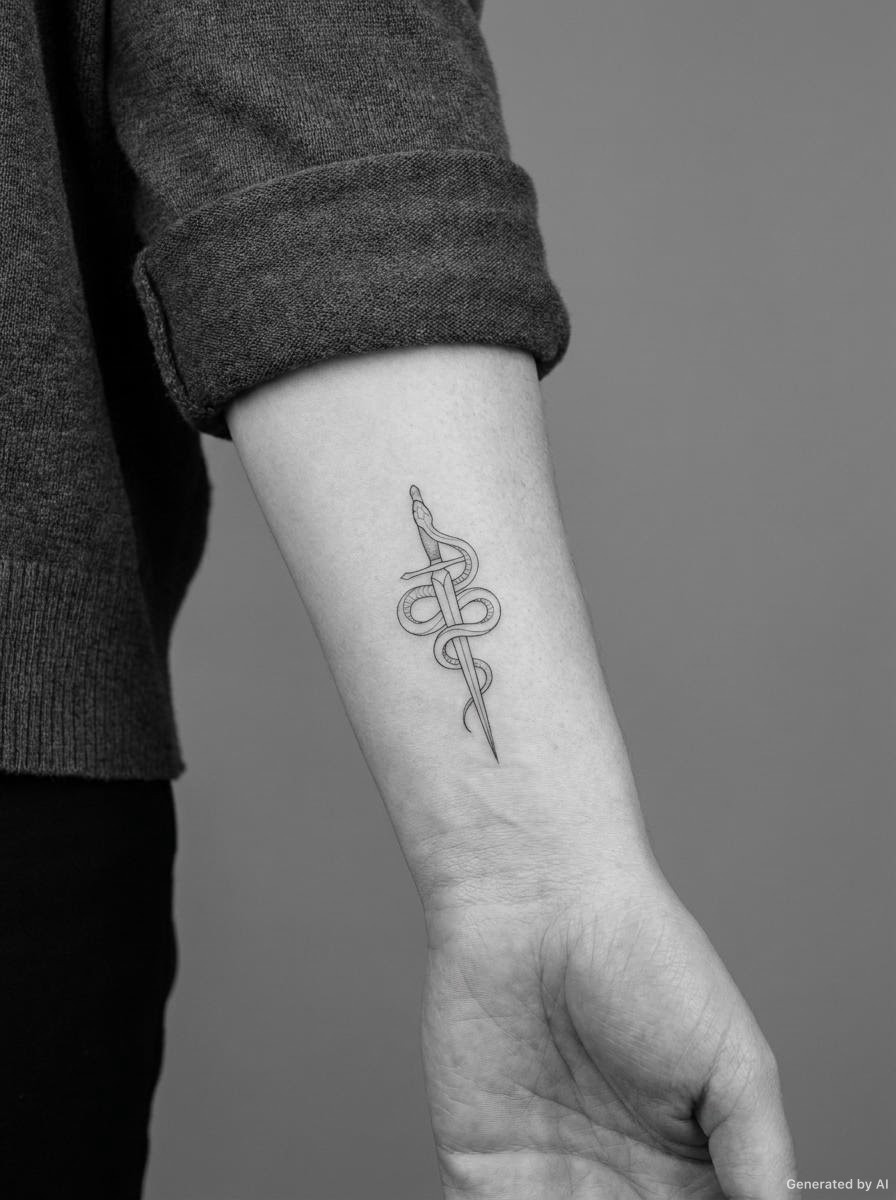 Fine-line minimalist snake and dagger tattoo on the inner wrist