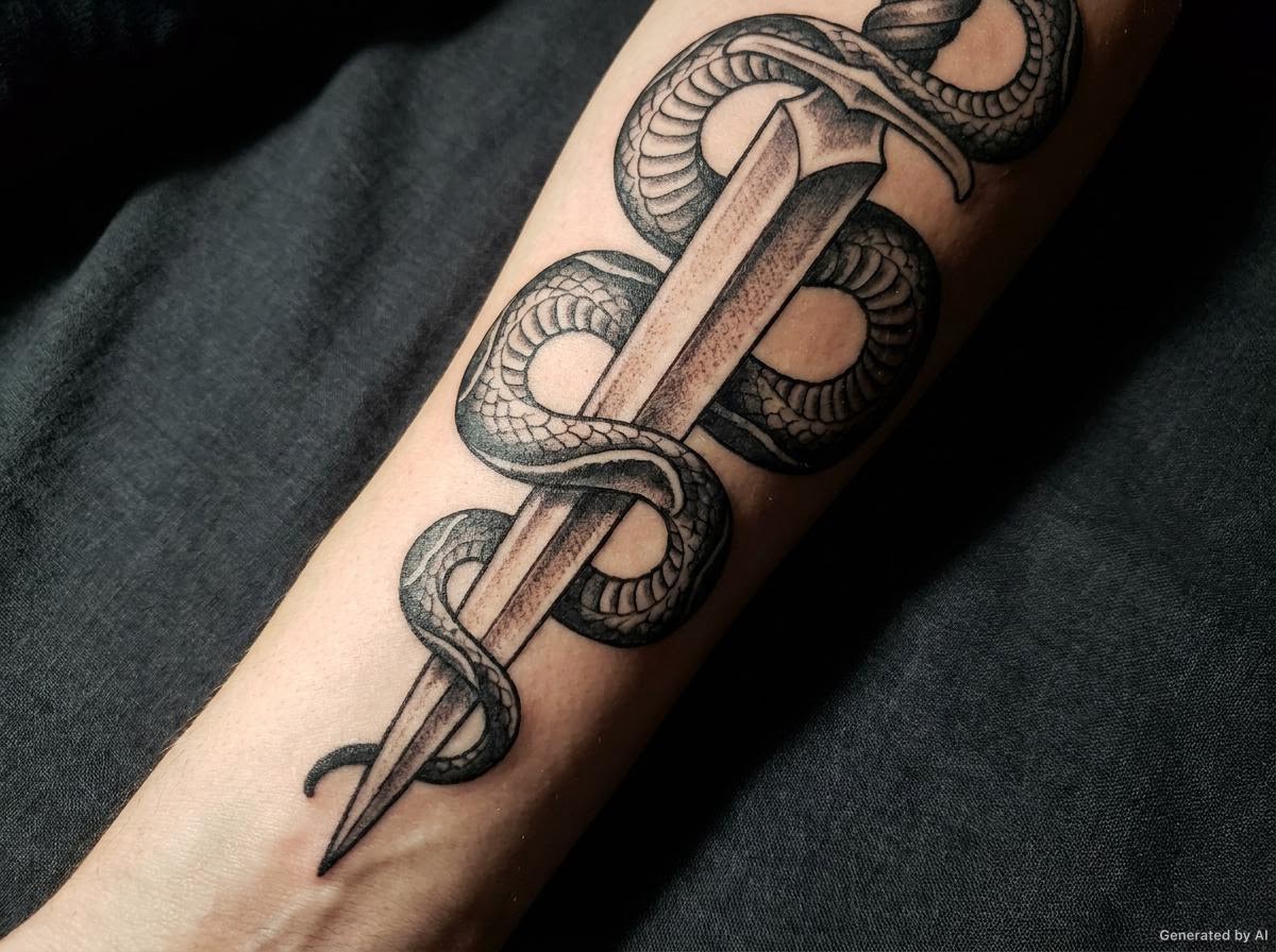 Black and grey snake and dagger tattoo wrapped around a forearm