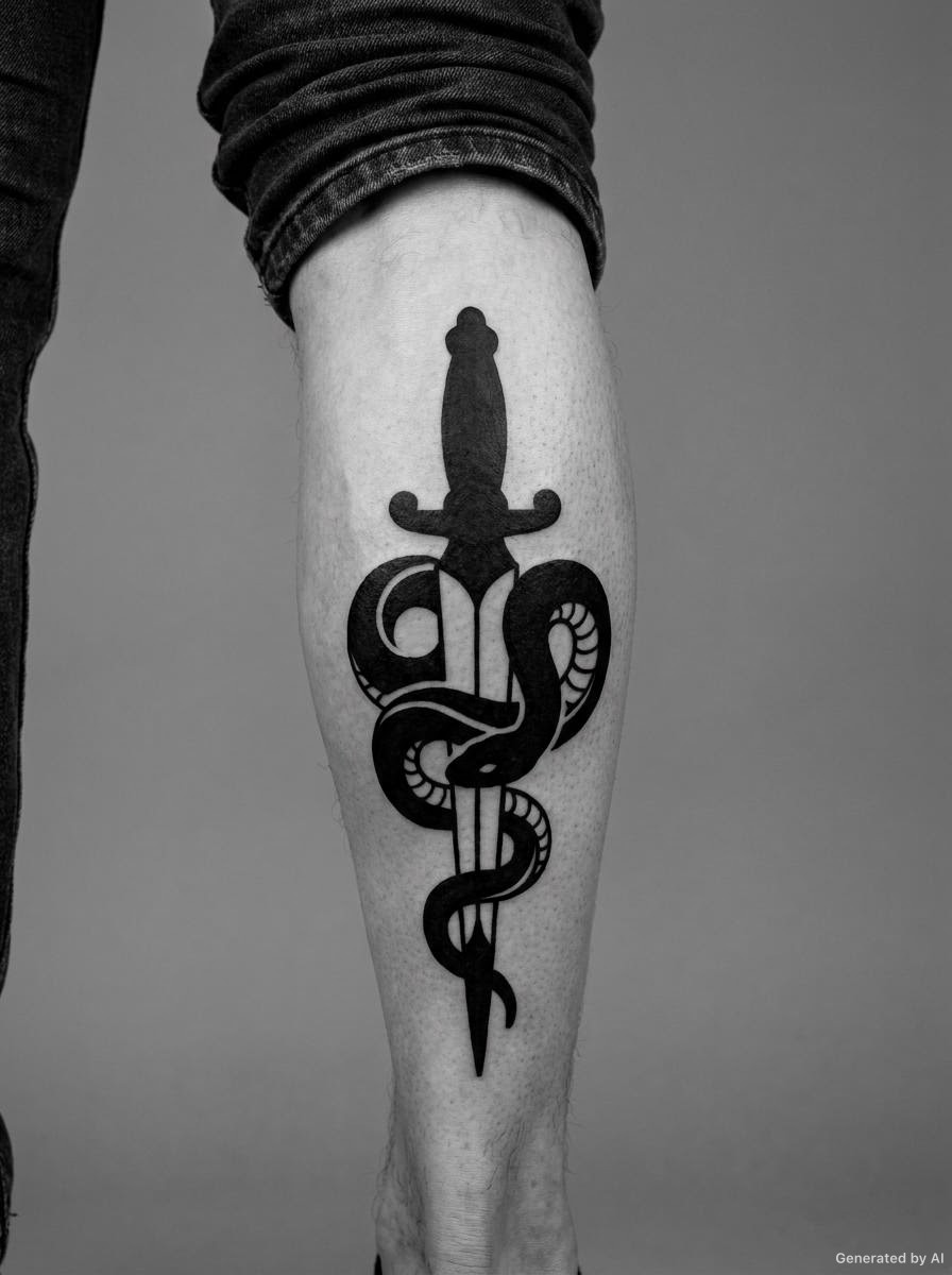 Bold blackwork snake and dagger tattoo on the calf