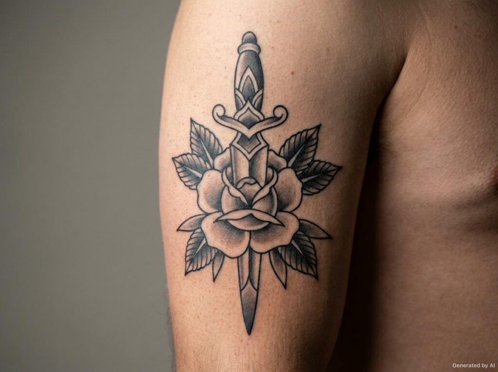 Traditional black and grey dagger driven through a rose on the upper arm