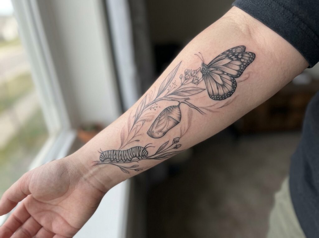 Monarch butterfly life cycle tattoo showing transformation