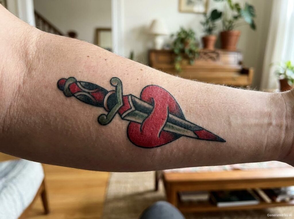 American traditional dagger through a red heart tattoo on the upper arm