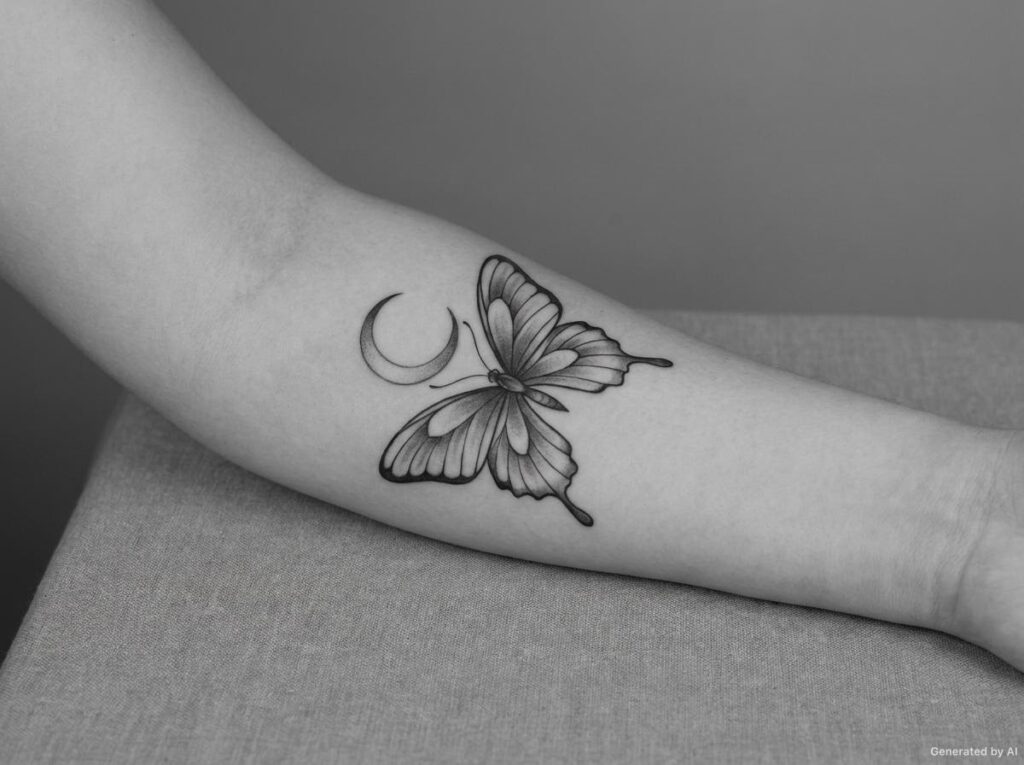 Black and grey butterfly and crescent moon tattoo on the inner forearm