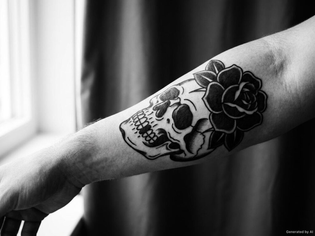 Bold blackwork skull tattoo with a solid black rose on the forearm