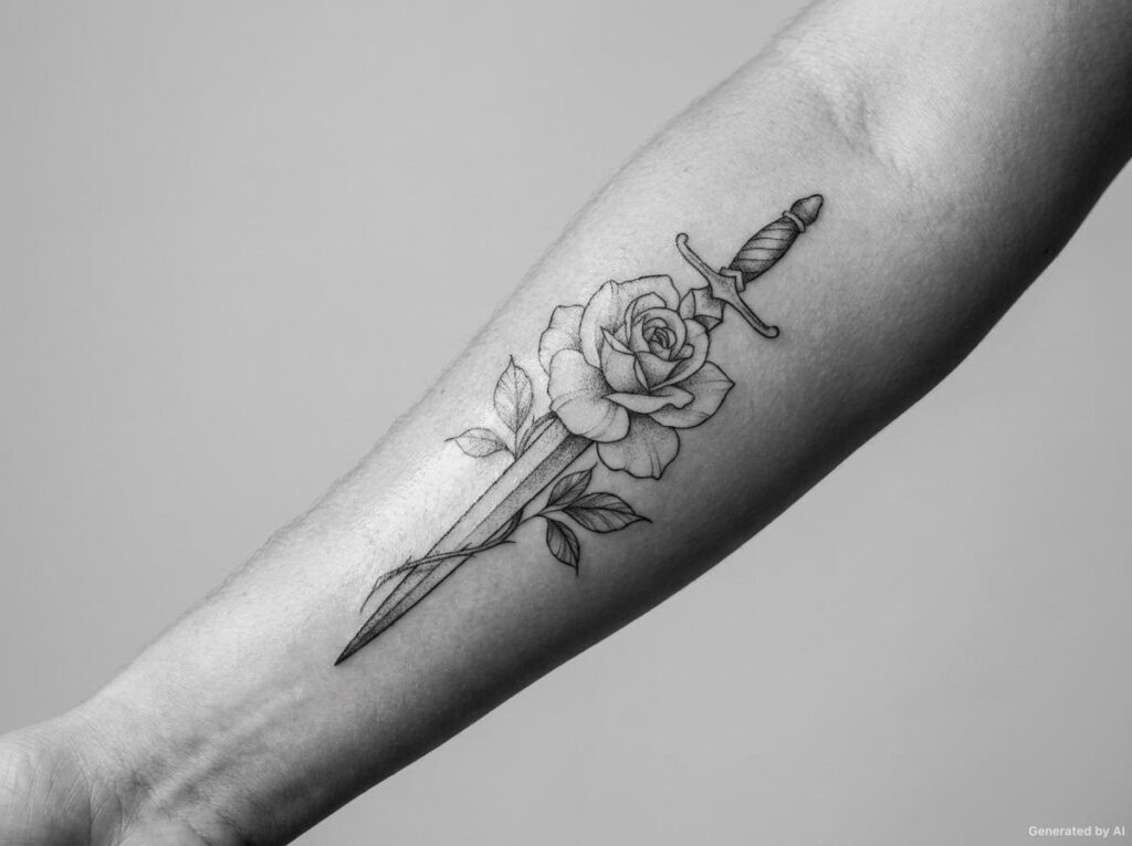 Fine line rose wrapped around a slim dagger on the inner forearm