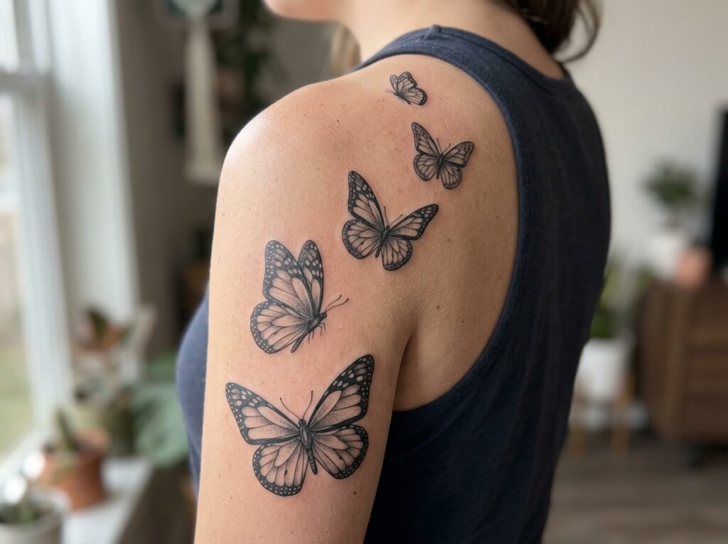 Cluster of monarch butterflies tattoo representing family and migration