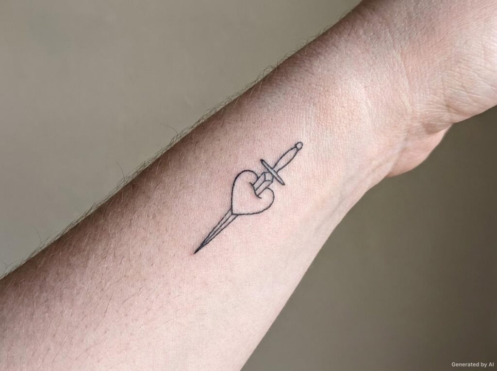Fine line dagger through a small heart outline tattoo on the inner wrist