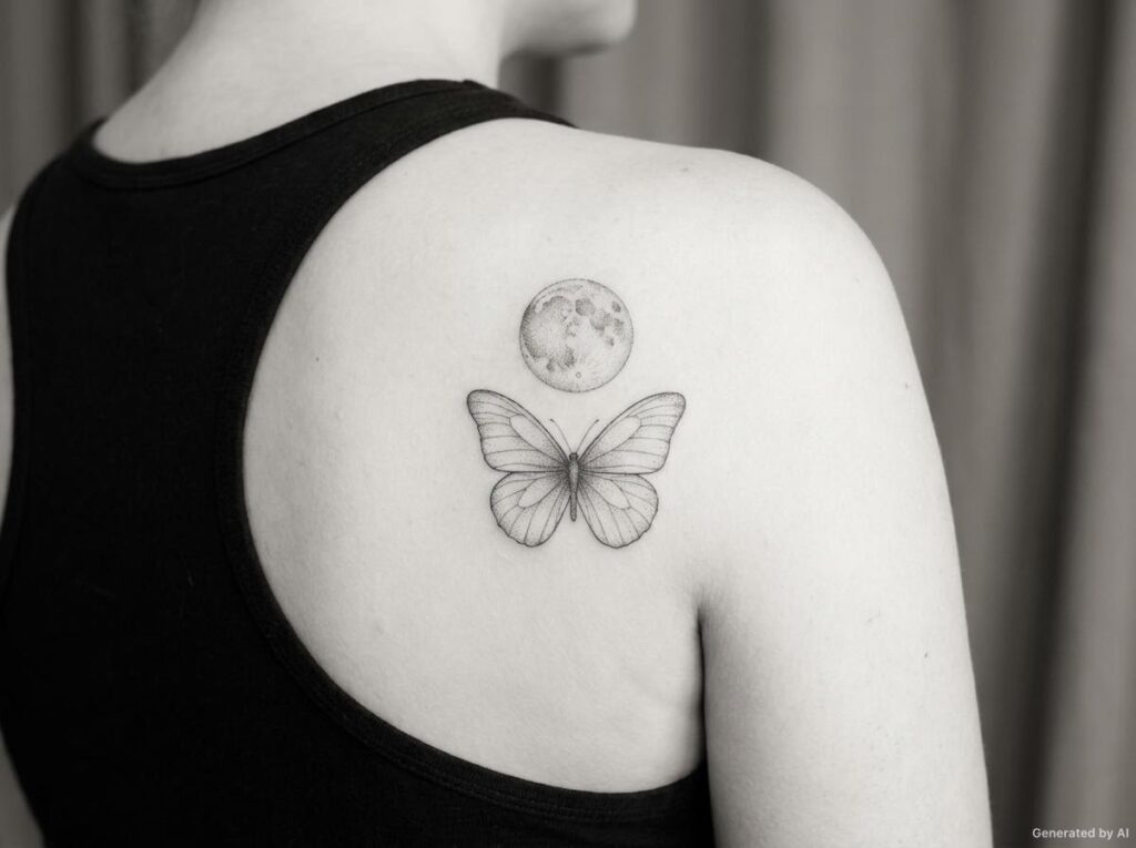 Fine line dotwork butterfly and full moon tattoo on the shoulder blade
