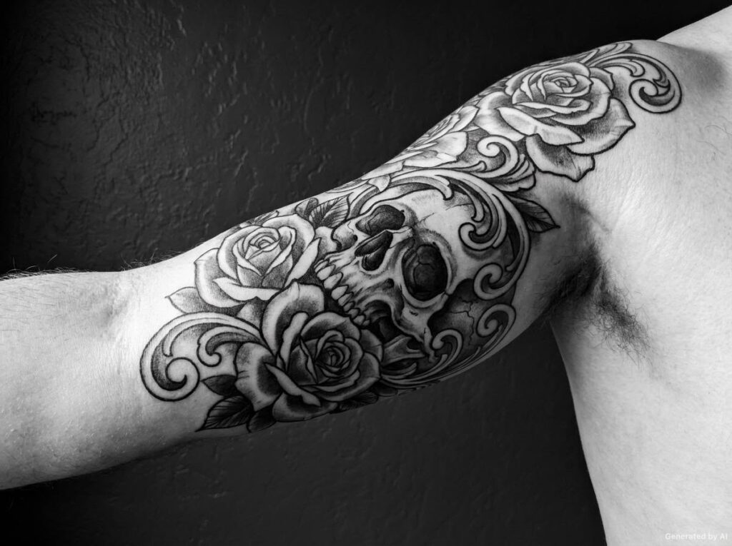 Neo-traditional skull and rose half sleeve tattoo on the upper arm