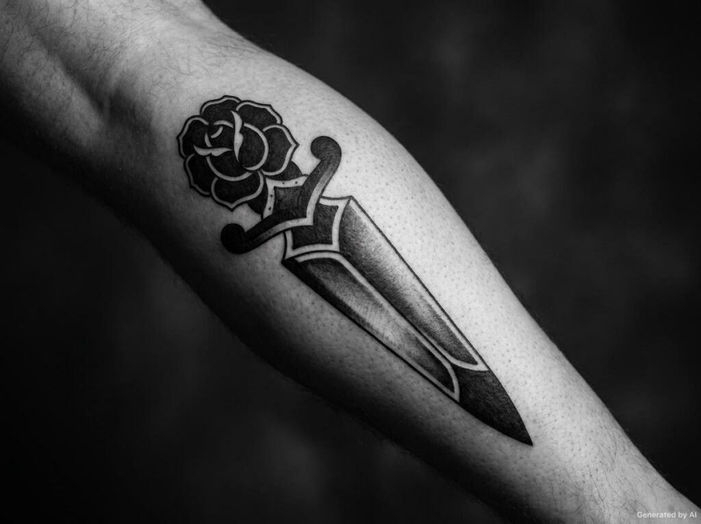 Blackwork dagger with a solid black rose on the calf
