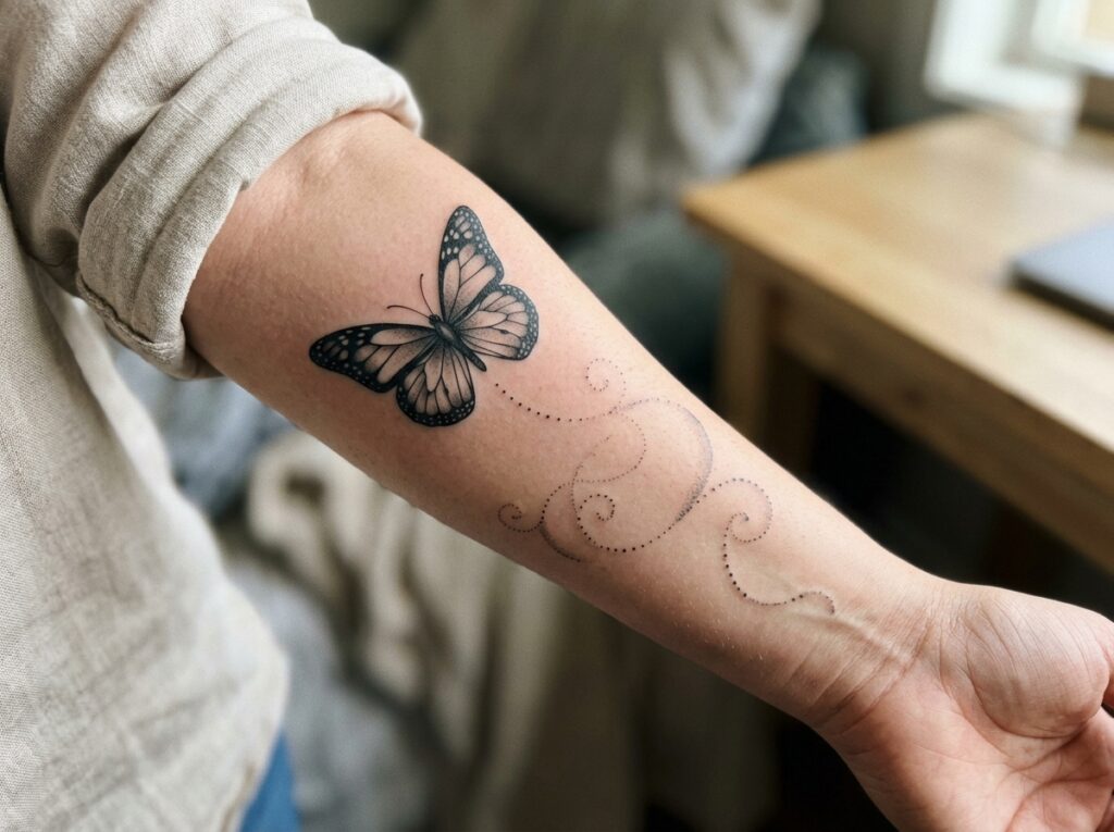 Monarch butterfly tattoo with a dotted migration path