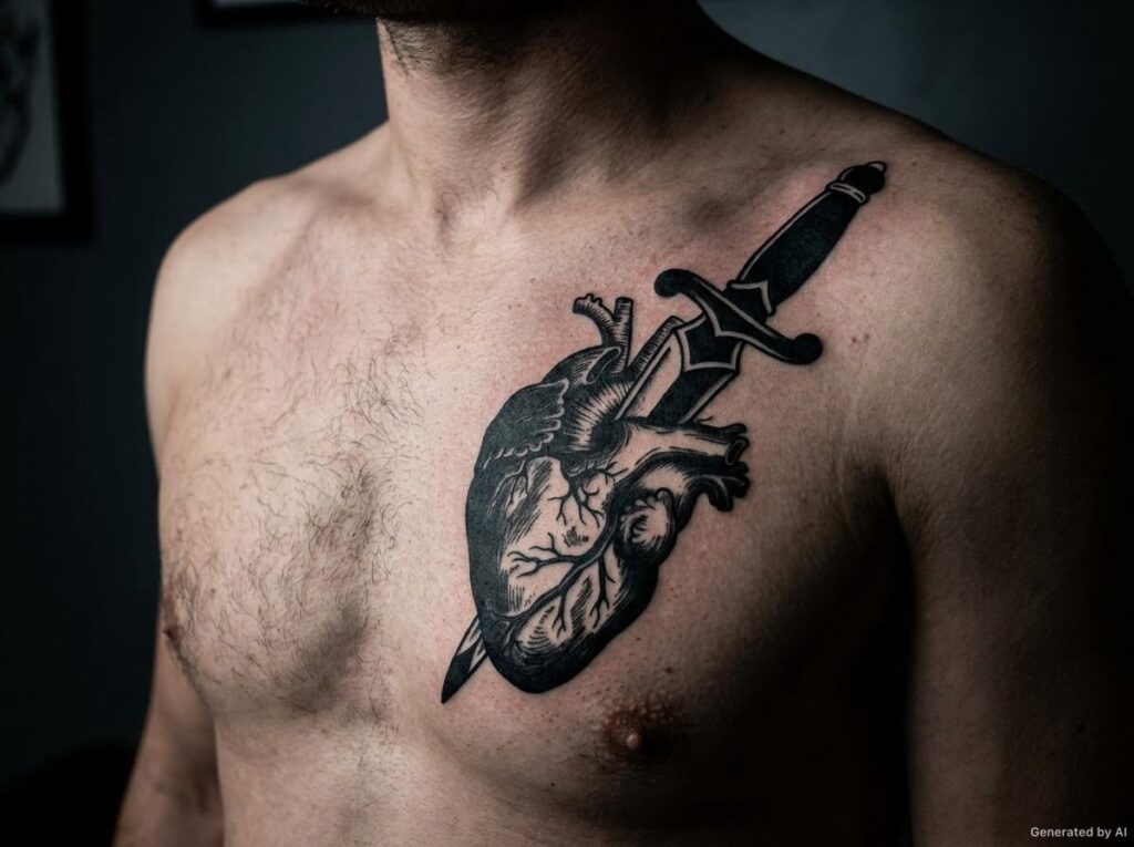 Blackwork solid dagger through an anatomical heart tattoo on the chest