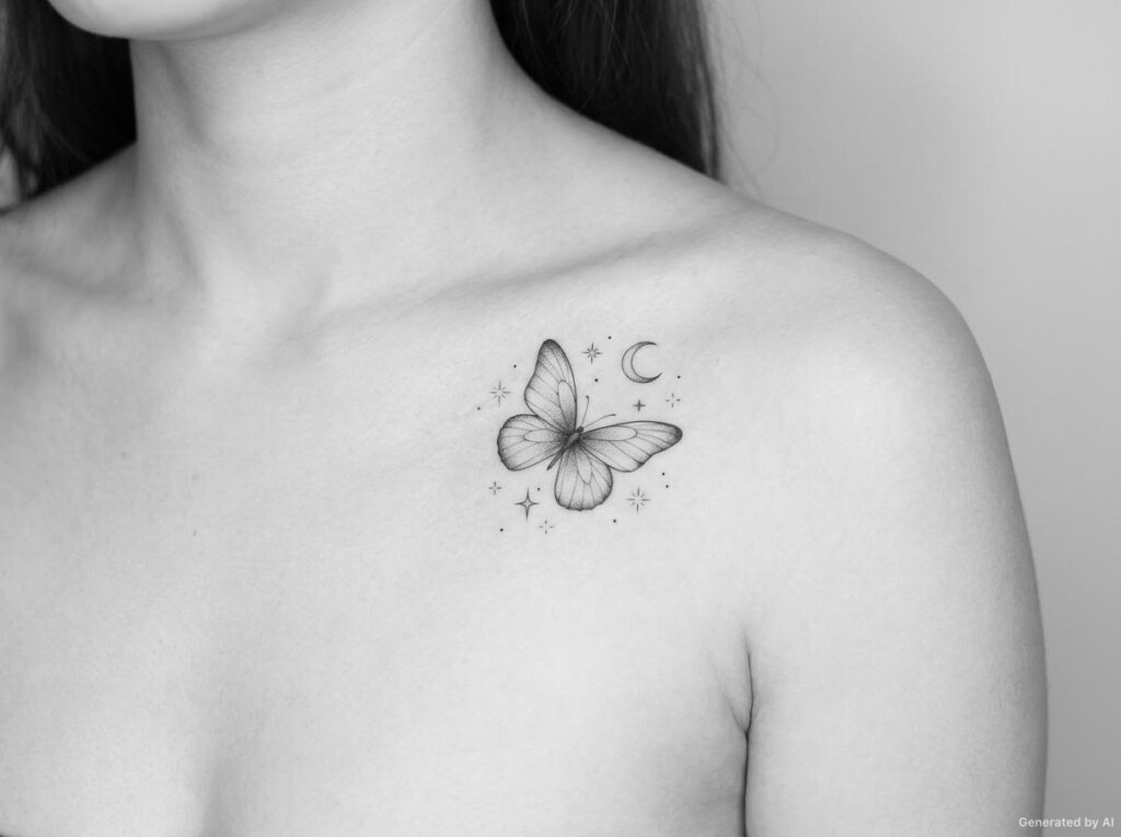Small butterfly with stars and a crescent moon tattoo on the collarbone