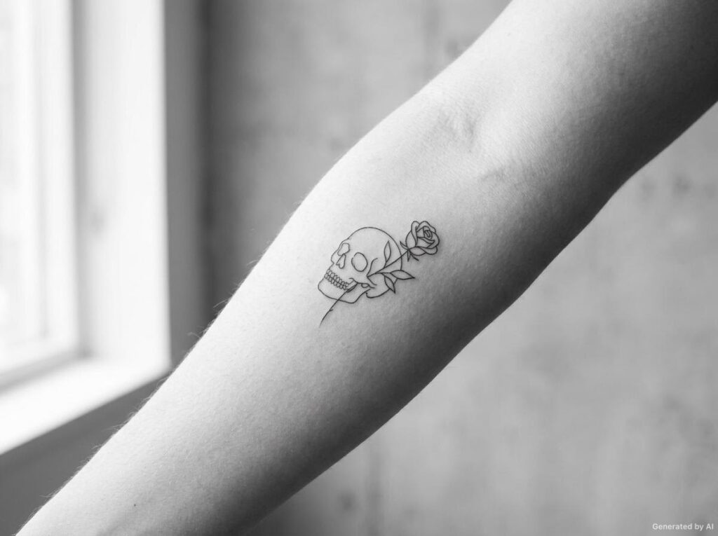 Tiny fine line skull with a single rose outline on the inner wrist