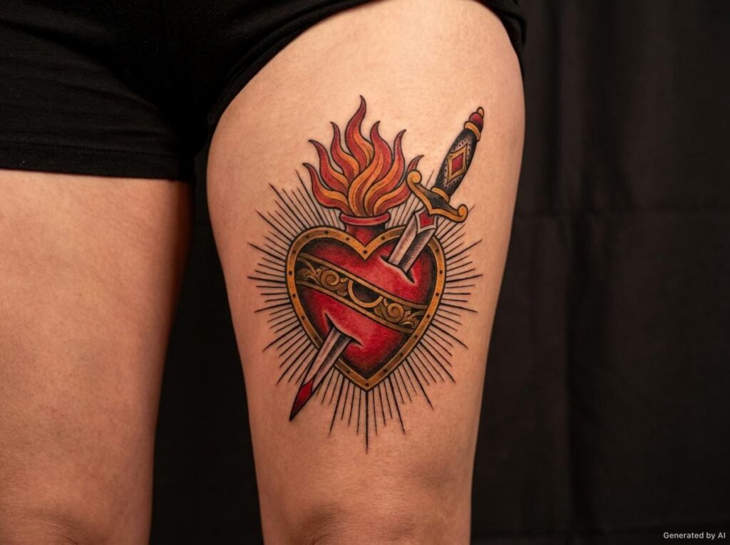 Neo-traditional Sacred Heart pierced by an ornate dagger tattoo on the thigh